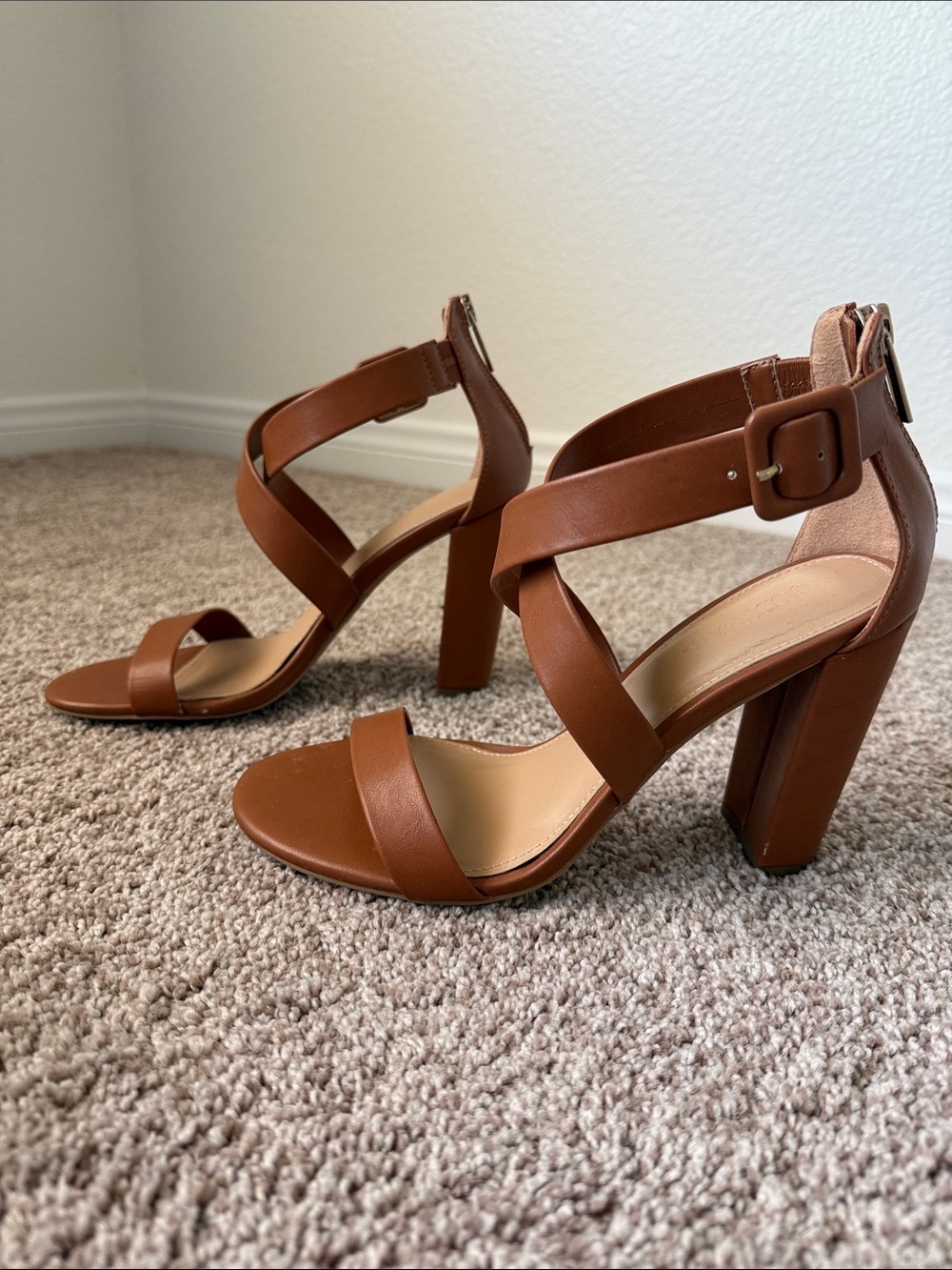 JustFab Tan Strappy Block Heel Sandals